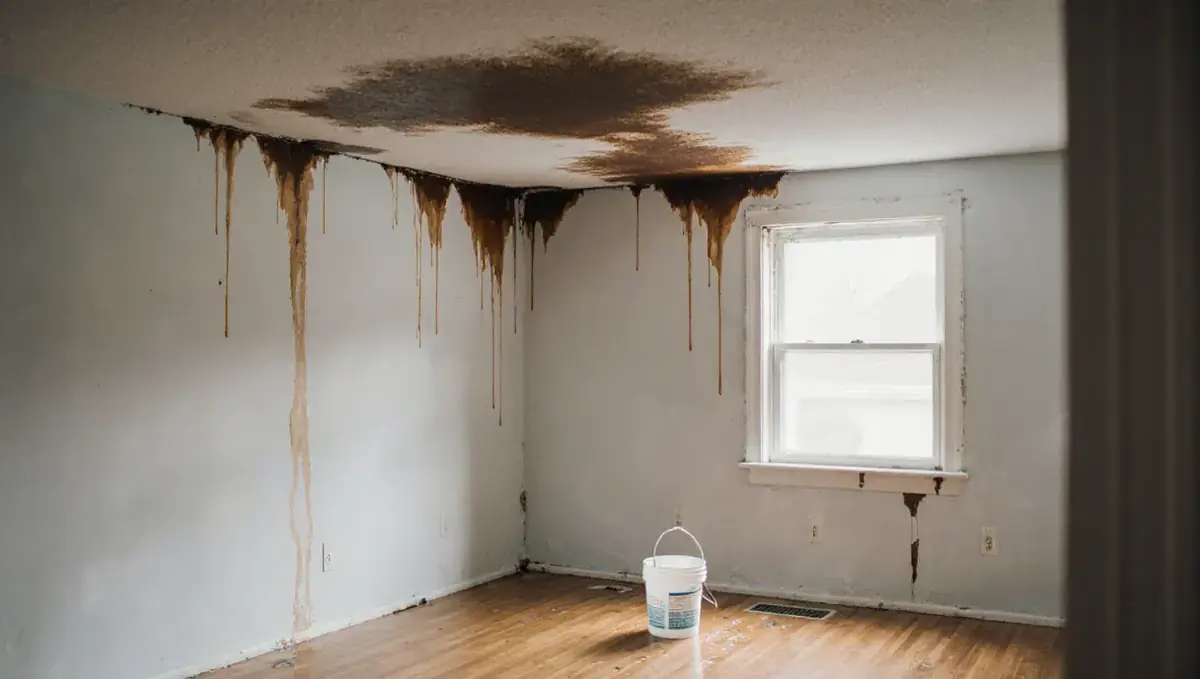 Water-stained, sagging ceiling panel with water dripping from a leak above