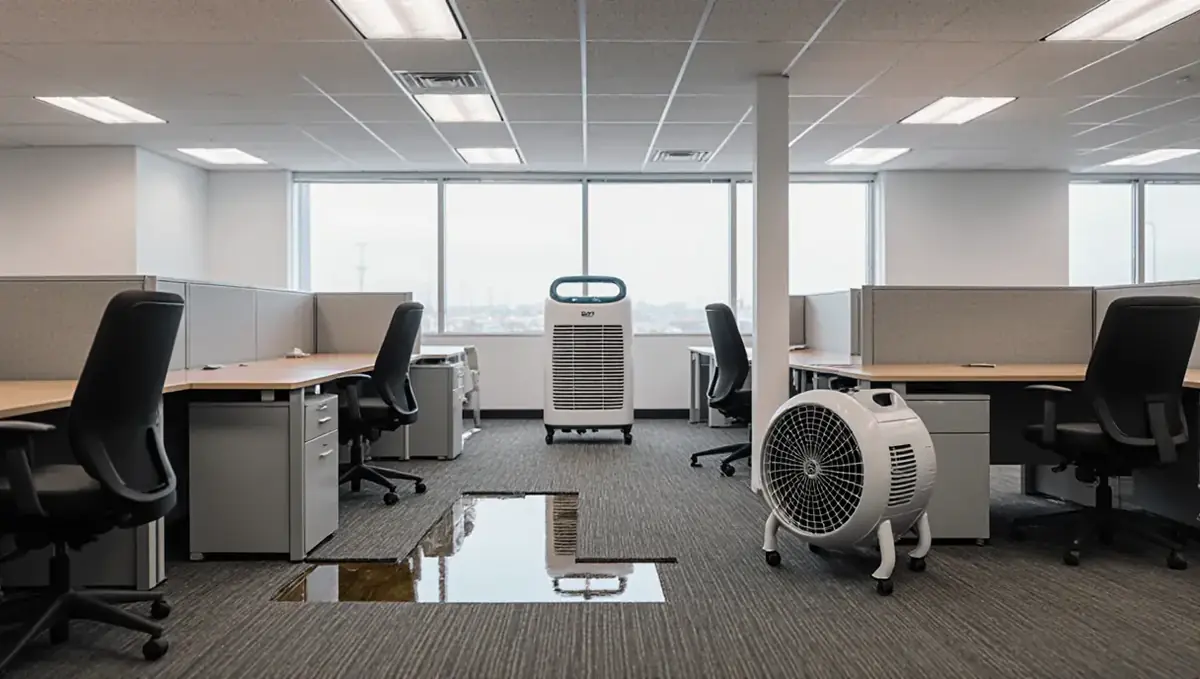 Office space with wet carpet tiles and drying equipment set up (illustration)