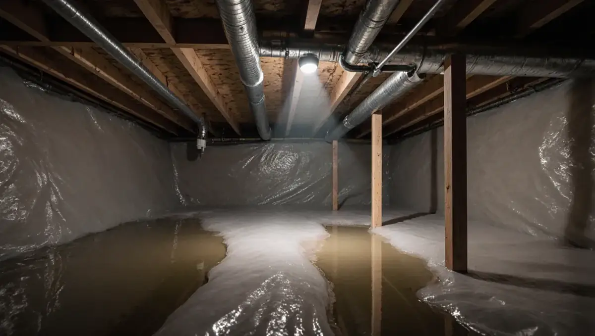 Standing water pooled in a crawl space beneath a raised home (illustration)