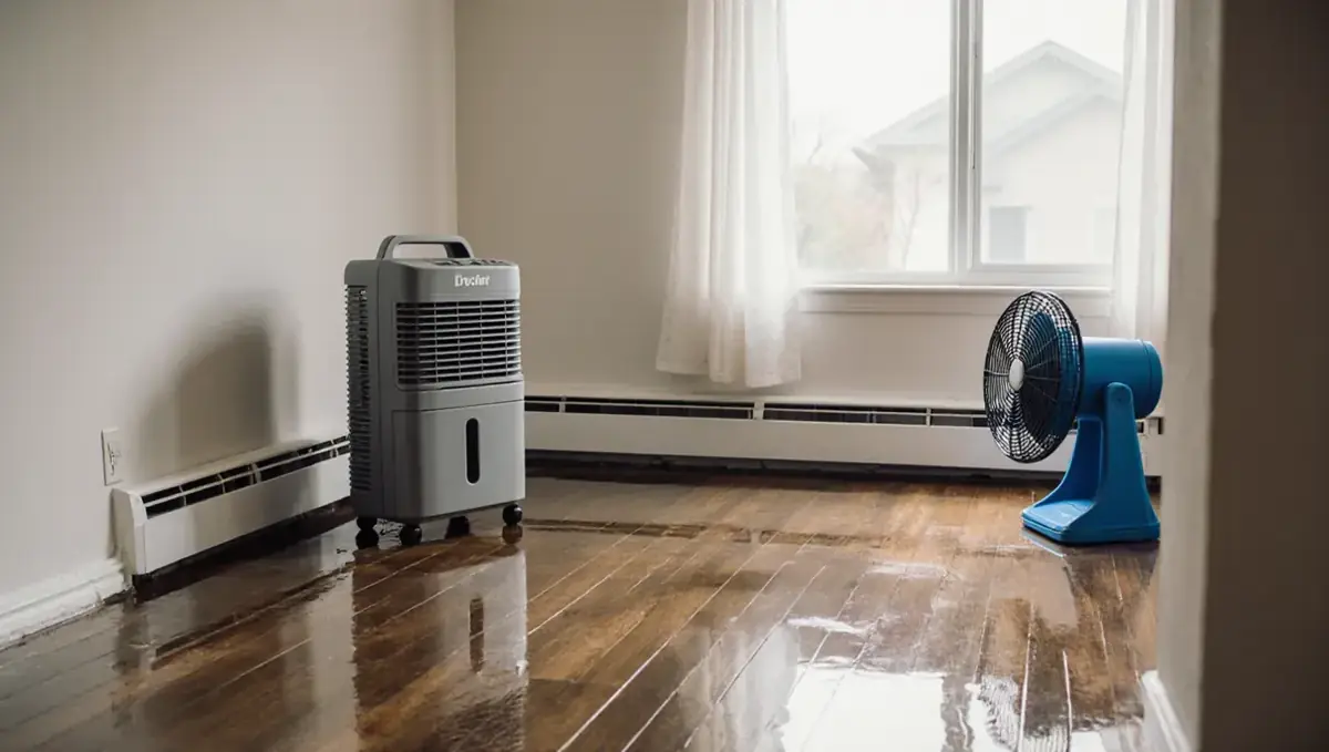 Air movers and a dehumidifier drying a living room after a water leak