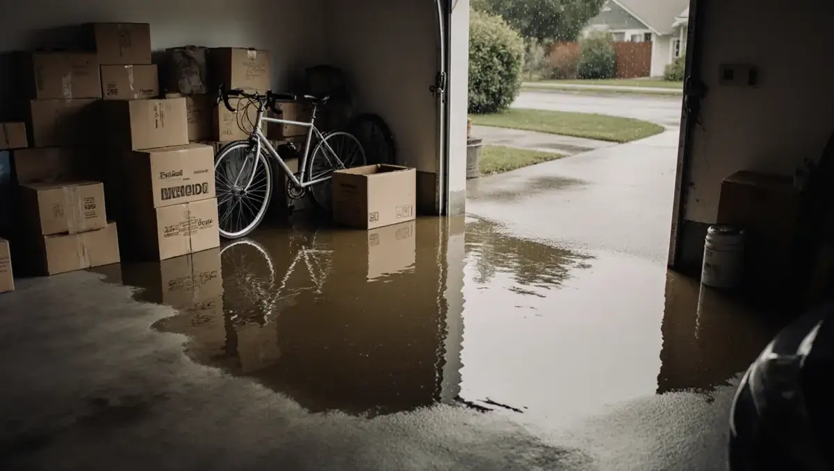 Attached garage with muddy floodwater covering the floor and stored items