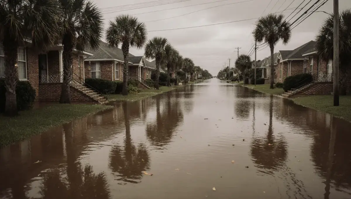 Floodwater covering a residential street in front of homes