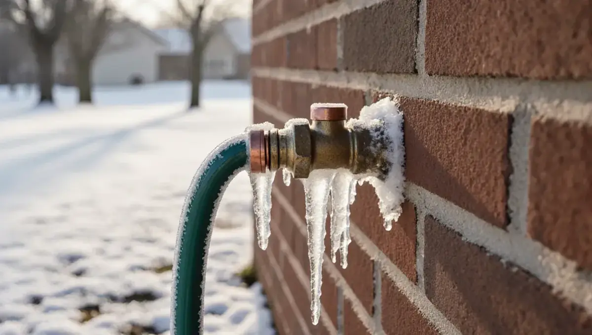 Outdoor faucet on a house wall covered in ice with icicles hanging from it