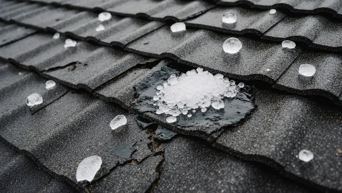 Close-up of asphalt roof shingles dented and cracked by hail