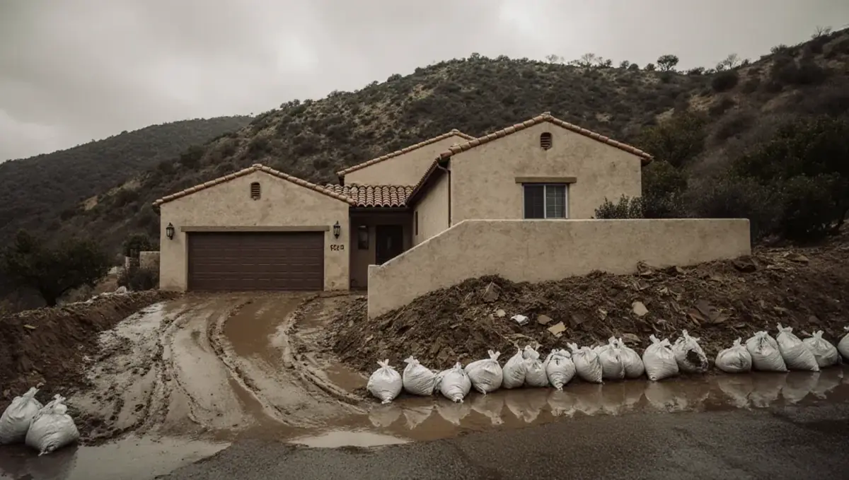 Stucco hillside home with mud spread across the driveway and sandbags along the edge