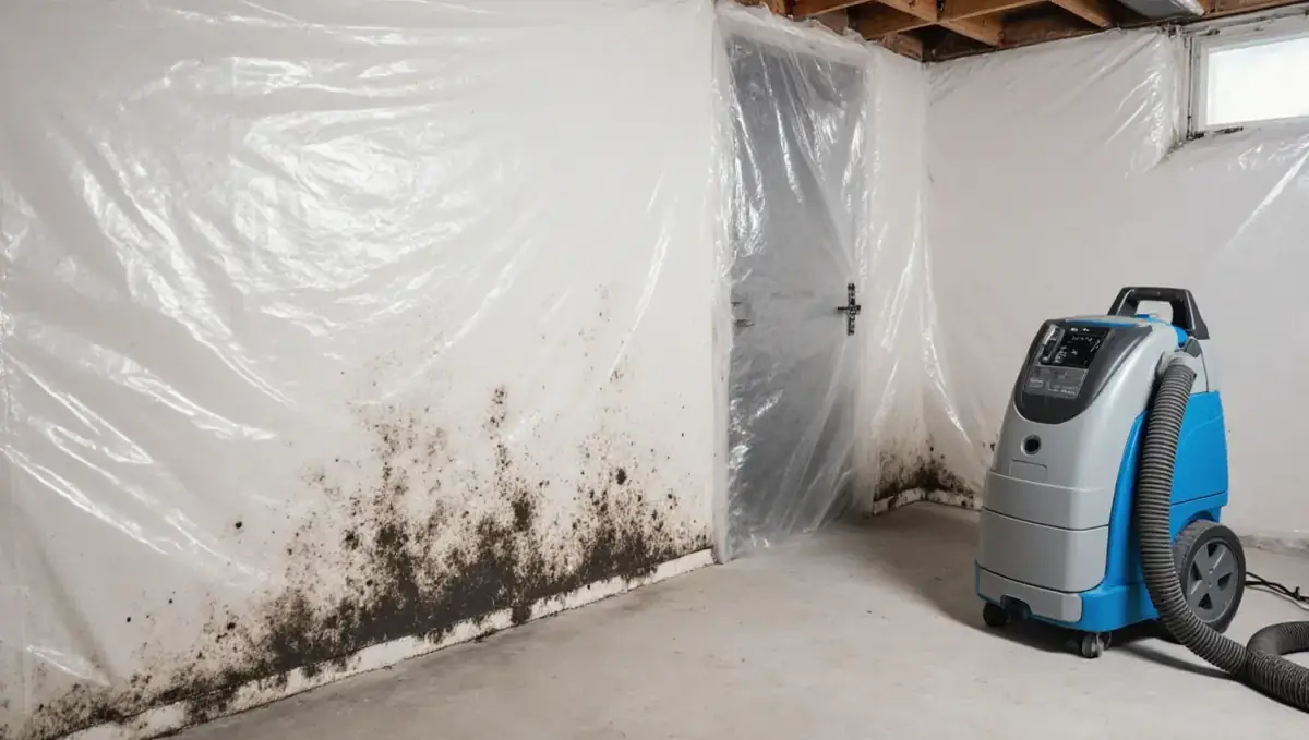 Plastic containment barrier set up for mold remediation in a home