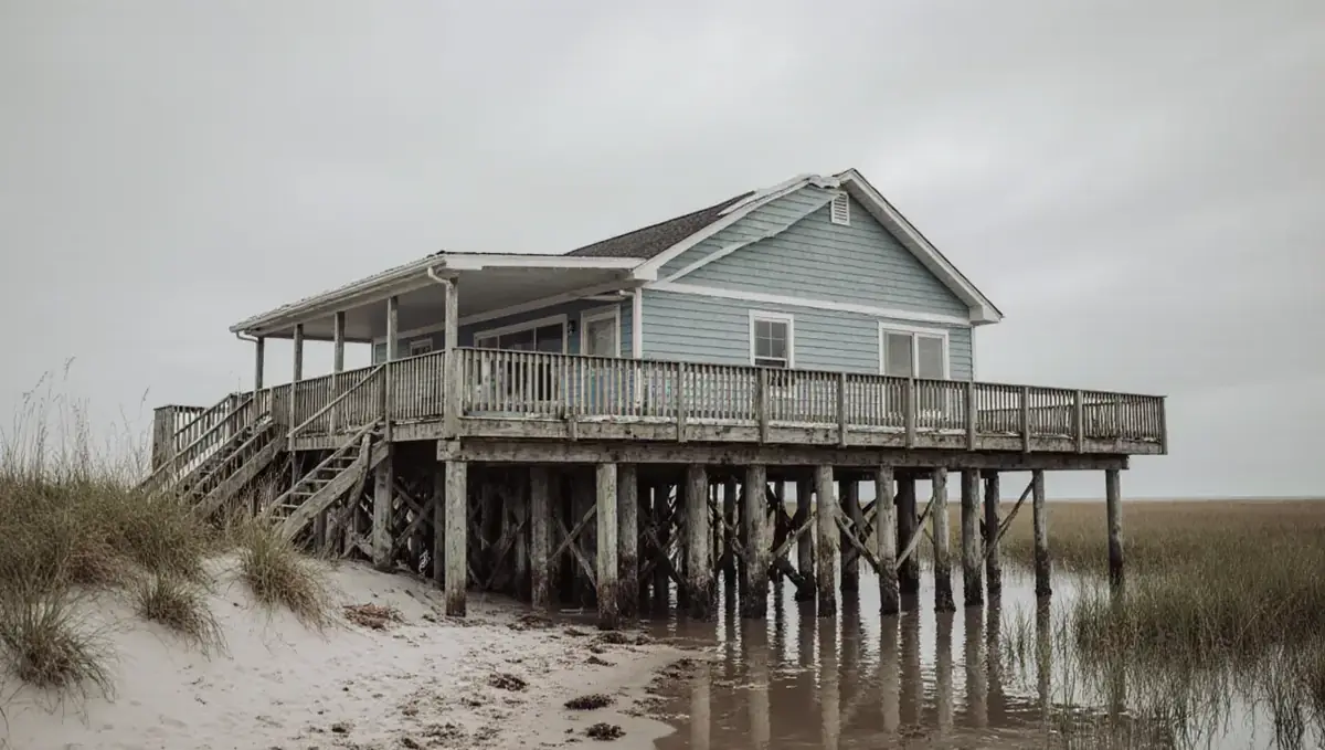 Raised home on wooden pilings beside a coastal marsh, with storm debris scattered on the ground