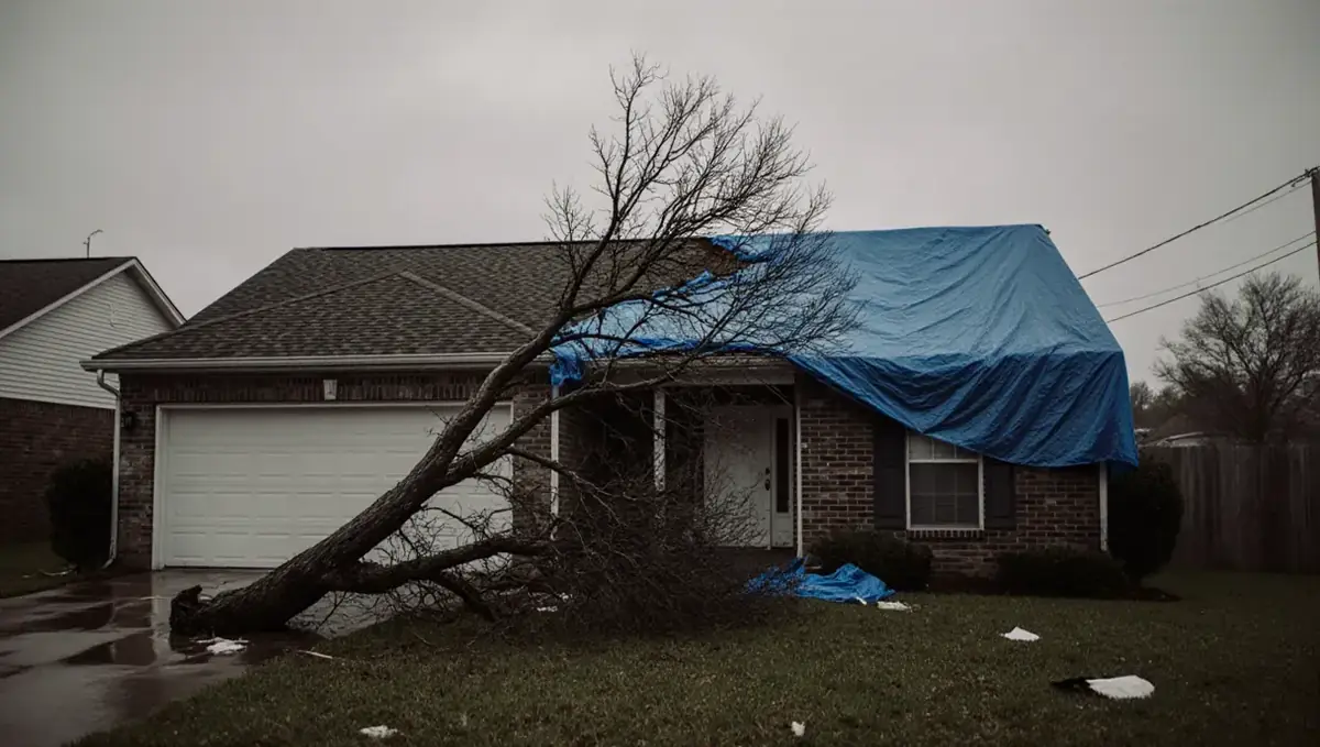 Storm-damaged roof with missing shingles and a protective tarp