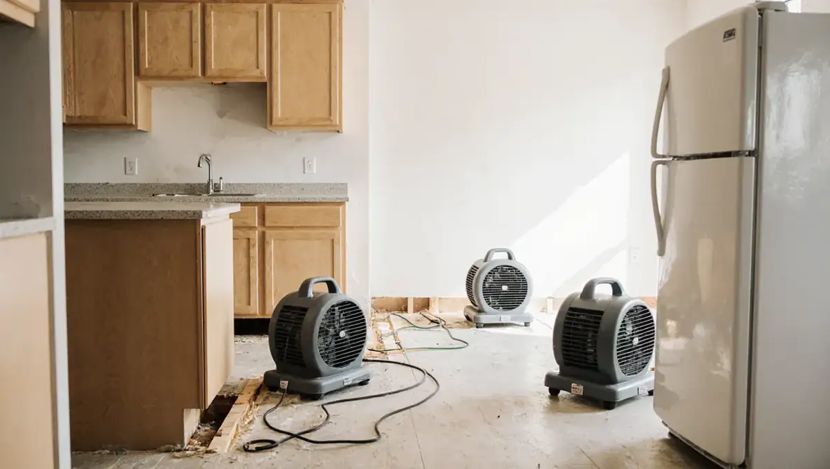 Air movers and dehumidifier drying a kitchen after water damage